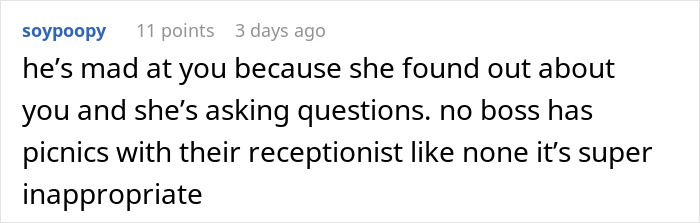Text comment discussing a man worried about his wife’s petty drama affecting his job and marriage conflicts. Text comment discussing a man worried about his wife’s petty drama affecting his job and marriage conflicts.