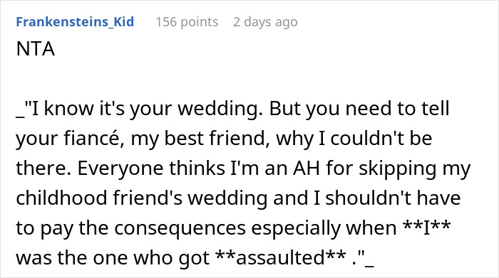 Screenshot of a Reddit comment discussing a groom kissing his best friend at a bachelor party and the bride banning him from the wedding. Screenshot of a Reddit comment discussing a groom kissing his best friend at a bachelor party and the bride banning him from the wedding.