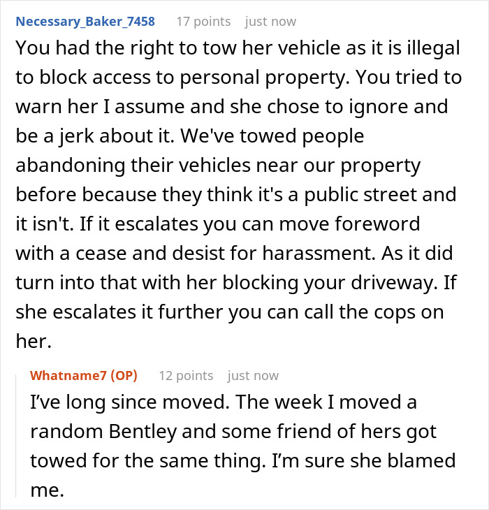 Comment discussing man towing entitled neighbor’s car for blocking driveway and her demand for $300 payment. Comment discussing man towing entitled neighbor’s car for blocking driveway and her demand for $300 payment.