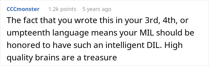 Comment discussing a daughter-in-law writing in her husband parents' native language as a sign of intelligence and respect. Comment discussing a daughter-in-law writing in her husband parents' native language as a sign of intelligence and respect.