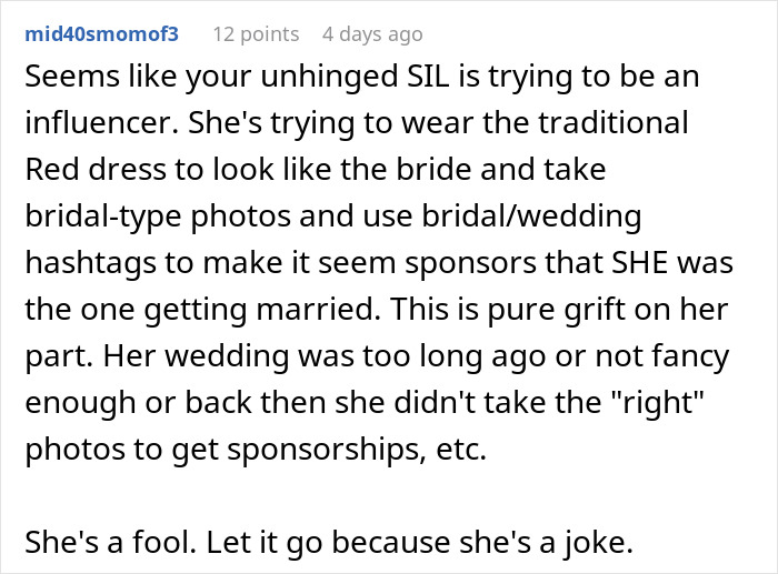 Alt text: Woman pretending to be the bride at SIL’s wedding despite being married to the bride’s brother in a red dress. Alt text: Woman pretending to be the bride at SIL’s wedding despite being married to the bride’s brother in a red dress.