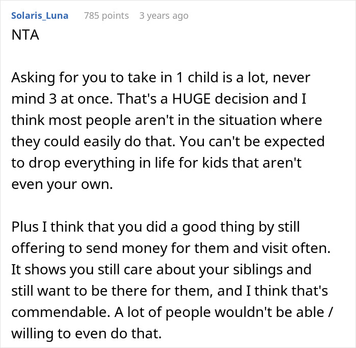 Reddit comment discussing challenges of sister unwanted siblings adoption and offering support through money and visits. Reddit comment discussing challenges of sister unwanted siblings adoption and offering support through money and visits.