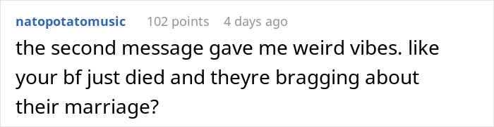 Comment text discussing weird vibes after a friend started messaging following a boyfriend died situation.
