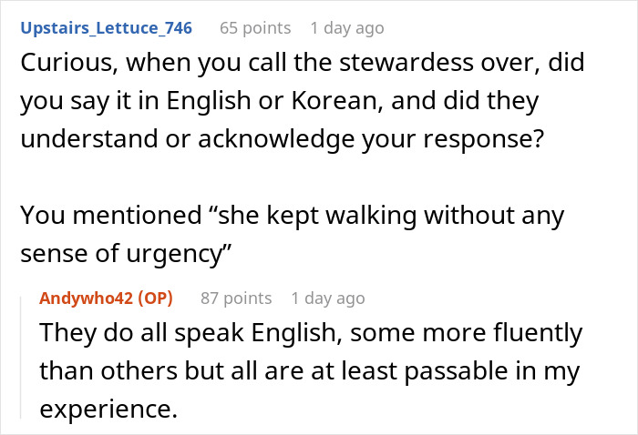 Text conversation about Korean Airlines passenger's medical crisis and crew communication, mentioning English and Korean language skills. Text conversation about Korean Airlines passenger's medical crisis and crew communication, mentioning English and Korean language skills.
