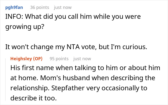 Screenshot of a Reddit thread discussing a bride refusing to let mom’s hubby walk her down the aisle and a bratty sister’s reaction.
