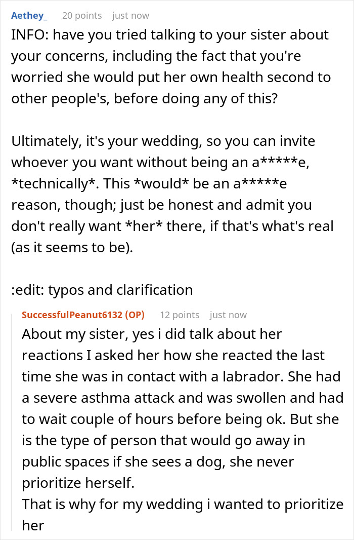 Reddit conversation discussing bride refusing sister-in-law’s service dog at her wedding due to health concerns.