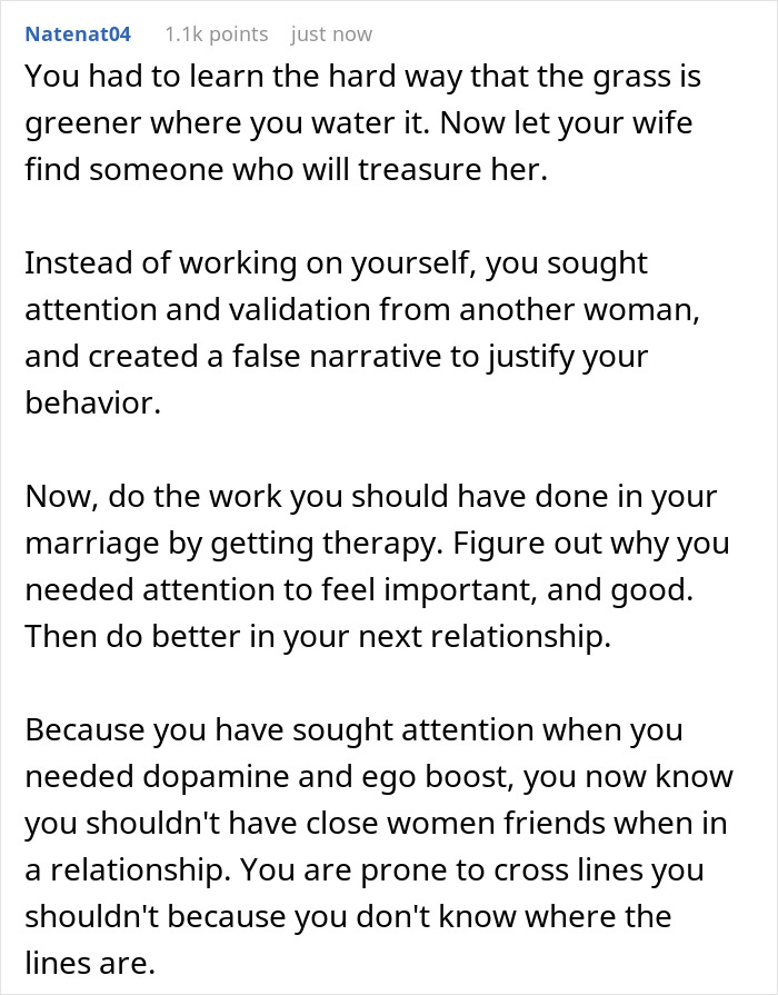 Comment discussing a man’s guilt after online affair that sabotaged marriage, advising therapy and self-reflection. Comment discussing a man’s guilt after online affair that sabotaged marriage, advising therapy and self-reflection.