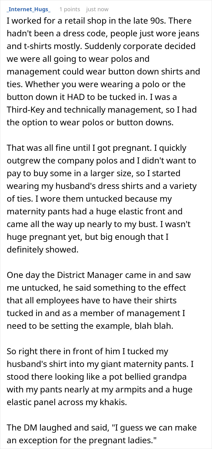 Employees mocking strict dress code by exaggeratedly tucking shirts in; HR reverses policy within a week.