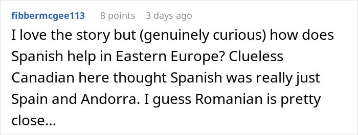 Comment text discussing curiosity about how Spanish helps in Eastern Europe, posted by user fibbermcgee113.