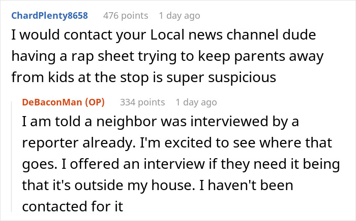 Conversation about suspicious individuals near kids bus stop and concerns for parenting safety. Conversation about suspicious individuals near kids bus stop and concerns for parenting safety.