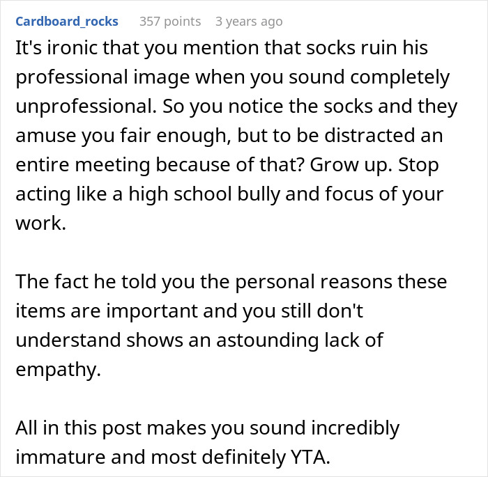 Comment criticizing workplace harassment involving mocking colorful socks and calling for professionalism and empathy.