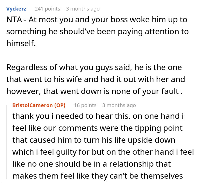 Screenshot of a Reddit conversation about a 23YO confronting married coworker and concerns over divorce fears. Screenshot of a Reddit conversation about a 23YO confronting married coworker and concerns over divorce fears.