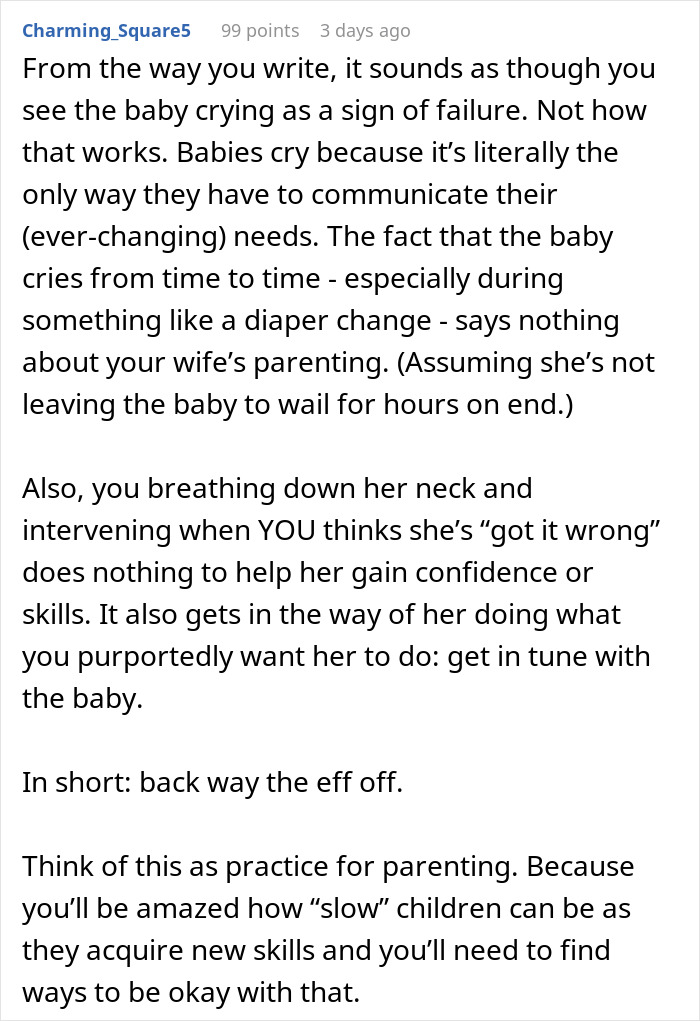 Text excerpt discussing new mom struggles with baby crying and husband’s judgment affecting her confidence and parenting skills. Text excerpt discussing new mom struggles with baby crying and husband’s judgment affecting her confidence and parenting skills.