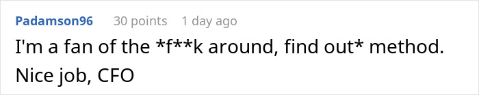 Screenshot of a comment praising the CFO for immediately firing an employee after a body-shaming remark. Screenshot of a comment praising the CFO for immediately firing an employee after a body-shaming remark.