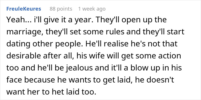 Comment thread discussing a husband asking wife to change intimacy boundaries sparking predictions of divorce. Comment thread discussing a husband asking wife to change intimacy boundaries sparking predictions of divorce.