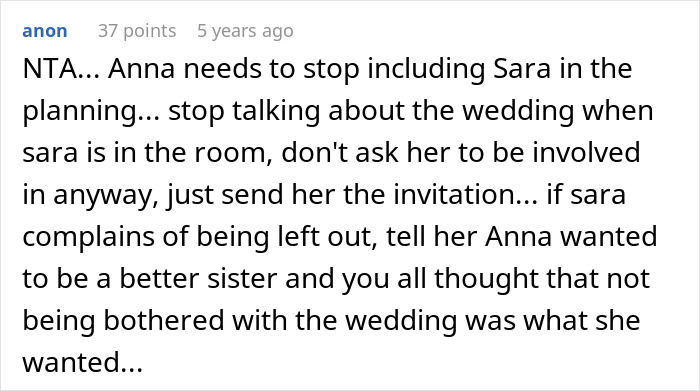 Comment discussing a single sister struggling with her sibling's engagement and wedding planning involvement. Comment discussing a single sister struggling with her sibling's engagement and wedding planning involvement.