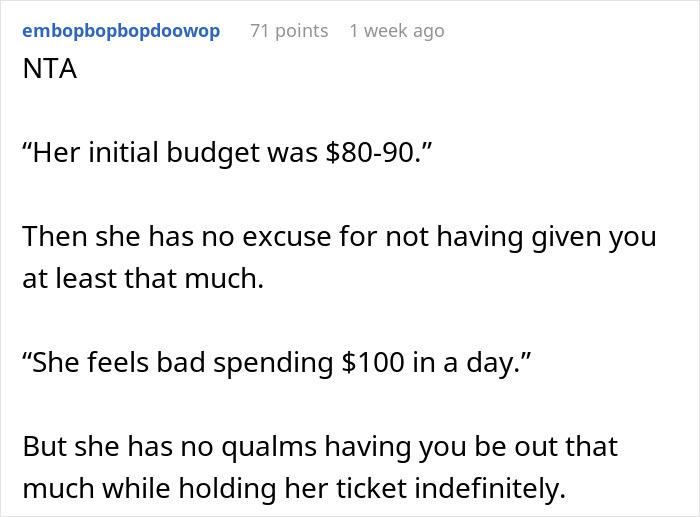 Text conversation discussing a woman refusing to wait for a friend who won’t pay her back for a ticket. Text conversation discussing a woman refusing to wait for a friend who won’t pay her back for a ticket.