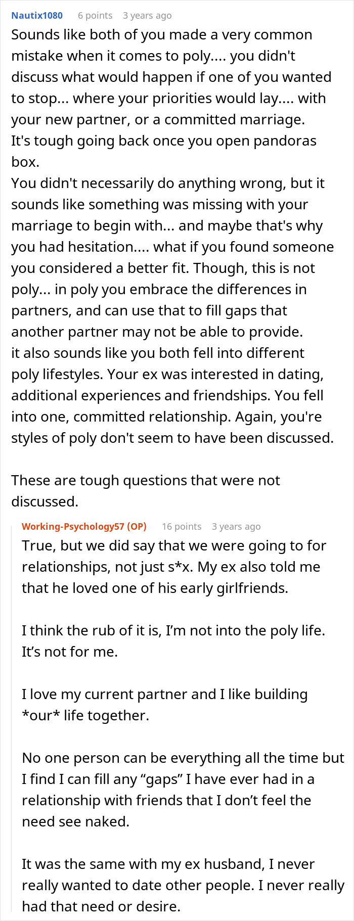Alt text: Reddit discussion about polyamory, open marriage regrets, and challenges in poly relationships and lifestyles. Alt text: Reddit discussion about polyamory, open marriage regrets, and challenges in poly relationships and lifestyles.