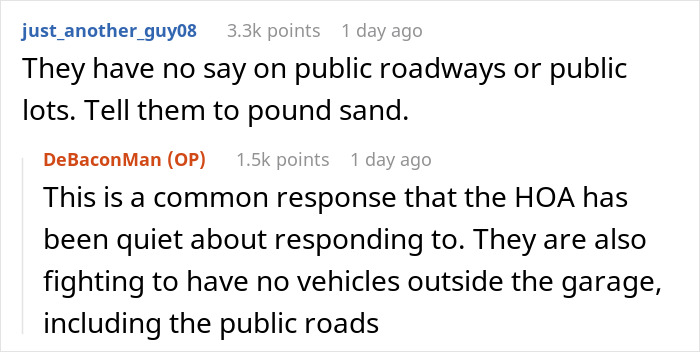 Comment discussion about HOA rules on vehicles outside garages near kids bus stop and parenting safety concerns. Comment discussion about HOA rules on vehicles outside garages near kids bus stop and parenting safety concerns.