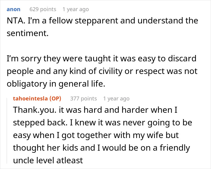 Reddit conversation with stepparent discussing indifference from stepkids and issues around respect and inheritance expectations. Reddit conversation with stepparent discussing indifference from stepkids and issues around respect and inheritance expectations.