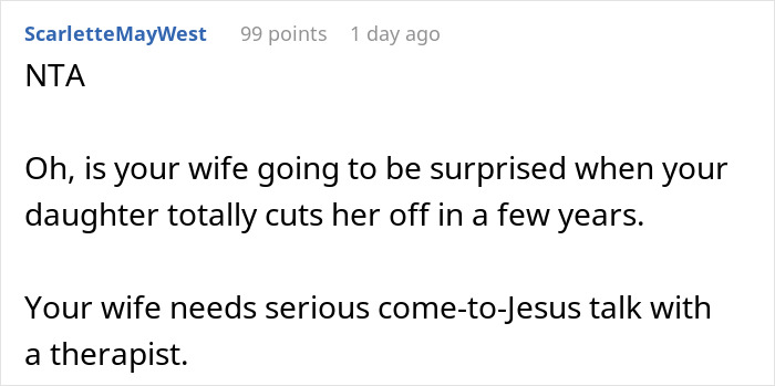 Screenshot of a discussion about telling wife why daughter doesn't trust, highlighting the need for a serious talk with a therapist. Screenshot of a discussion about telling wife why daughter doesn't trust, highlighting the need for a serious talk with a therapist.