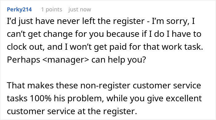 Screenshot of a social media comment about clocking out for breaks and employee compliance with boss demands in a work setting.