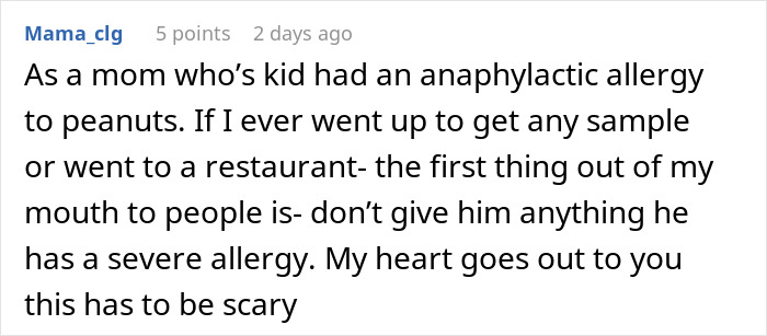 Comment from a mom describing the fear of a kid with a nut allergy grabbing a sample and the risk of an allergic reaction.