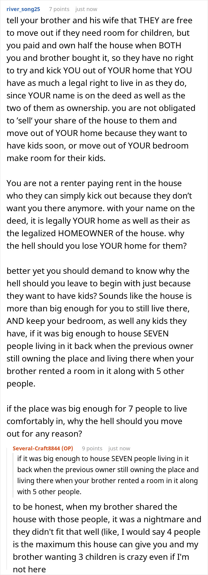 Text conversation discussing siblings' huge fight over shared house and brother demanding sister move out for kids. Text conversation discussing siblings' huge fight over shared house and brother demanding sister move out for kids.