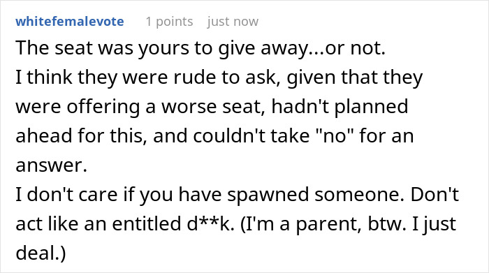 Screenshot of a forum comment discussing a family confronting a passenger over a paid seat refusal during a journey. Screenshot of a forum comment discussing a family confronting a passenger over a paid seat refusal during a journey.