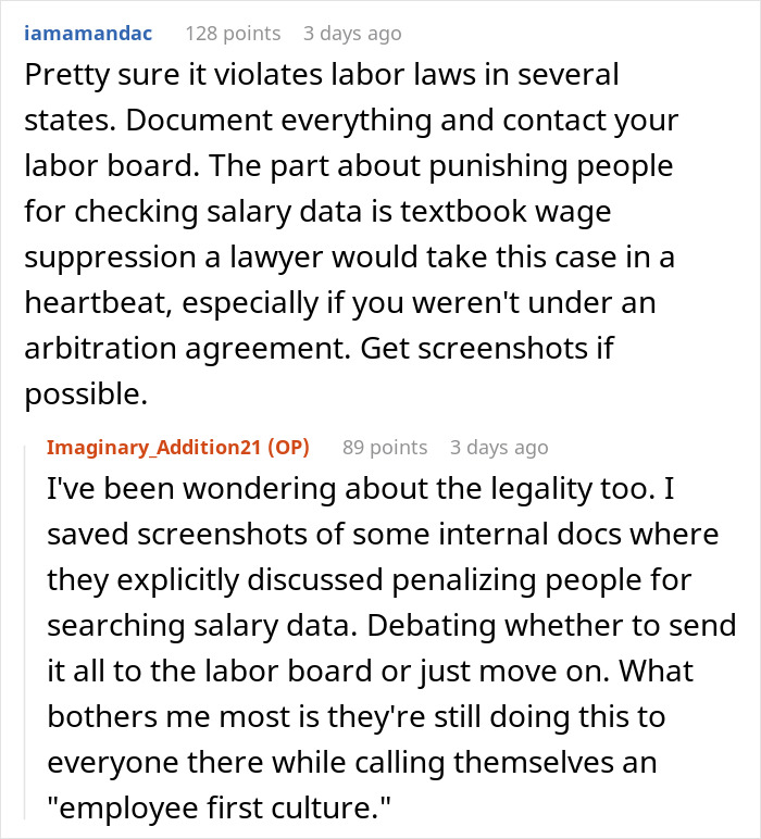 Reddit thread discussing labor laws and corporate spying on staff regarding salary data and employee rights.