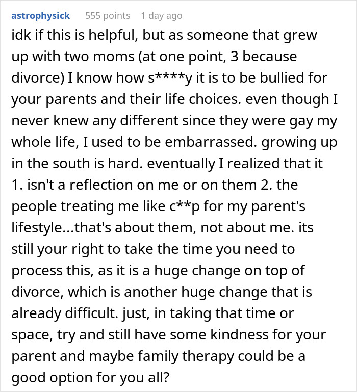 Comment discussing challenges faced by a son whose dad turned trans and demands to be called mom. Comment discussing challenges faced by a son whose dad turned trans and demands to be called mom.