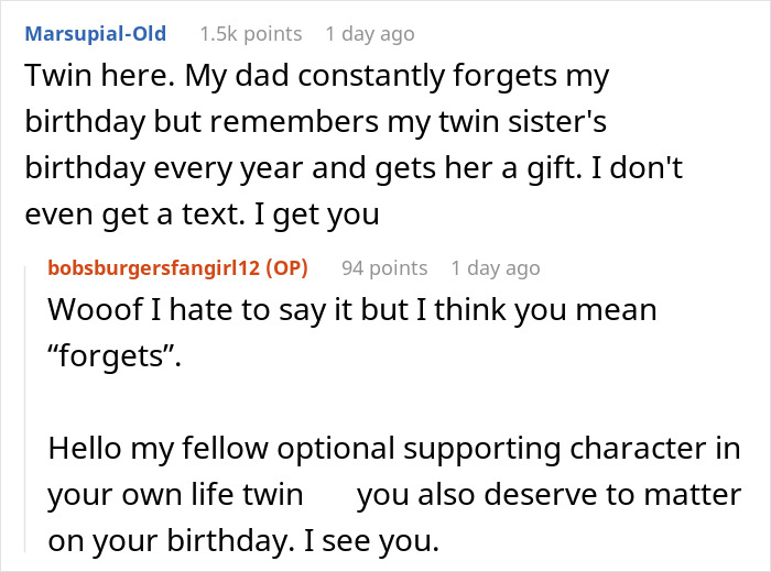 Text conversation about twin's birthday being forgotten, highlighting family favoritism and twin rivalry issues. Text conversation about twin's birthday being forgotten, highlighting family favoritism and twin rivalry issues.