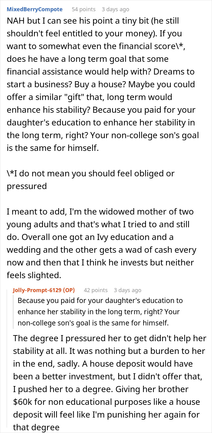 Reddit conversation discussing challenges and fairness around paying off daughter student loans versus other financial support. Reddit conversation discussing challenges and fairness around paying off daughter student loans versus other financial support.