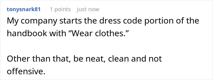 Screenshot of a user comment joking about a simple company dress code amid employees' malicious compliance with strict rules.