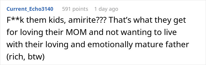 Screenshot of a user comment expressing frustration over teens preferring time with their ex over their dad's Europe trip.