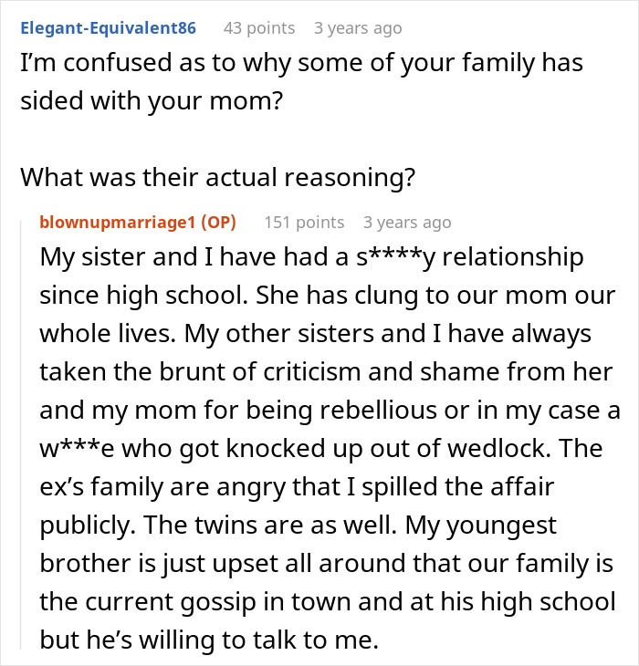 Reddit conversation discussing family fallout after woman exposes her mom's 22-year affair with her husband. Reddit conversation discussing family fallout after woman exposes her mom's 22-year affair with her husband.