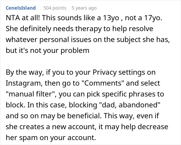Reddit comment discussing family drama and social media privacy settings to stop a stalker half-sis airing dirty laundry online. Reddit comment discussing family drama and social media privacy settings to stop a stalker half-sis airing dirty laundry online.