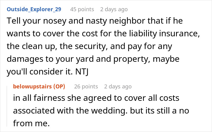 Online forum discussion about woman demanding to marry in stranger’s backyard and neighbors refusing the request. Online forum discussion about woman demanding to marry in stranger’s backyard and neighbors refusing the request.