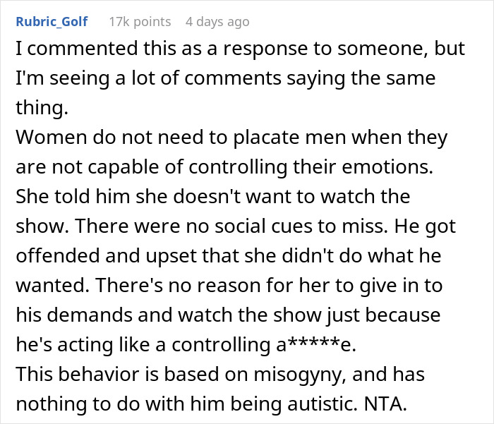 Text post from Reddit user Rubric_Golf explaining why refusing to watch an autistic friend's show recommendation is justified. Text post from Reddit user Rubric_Golf explaining why refusing to watch an autistic friend's show recommendation is justified.