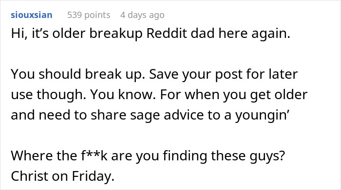 Text post on Reddit discussing breakups and relationship advice about trust and ending long-term relationships. Text post on Reddit discussing breakups and relationship advice about trust and ending long-term relationships.