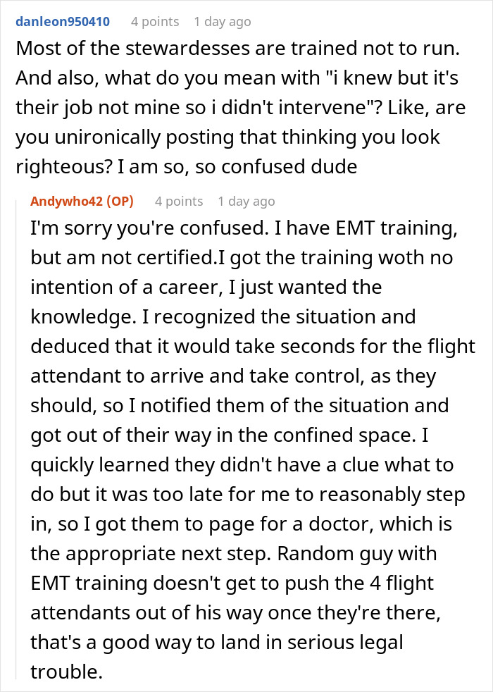 Reddit conversation discussing Korean Airlines passenger’s medical crisis and crew accused of failing basic protocols. Reddit conversation discussing Korean Airlines passenger’s medical crisis and crew accused of failing basic protocols.