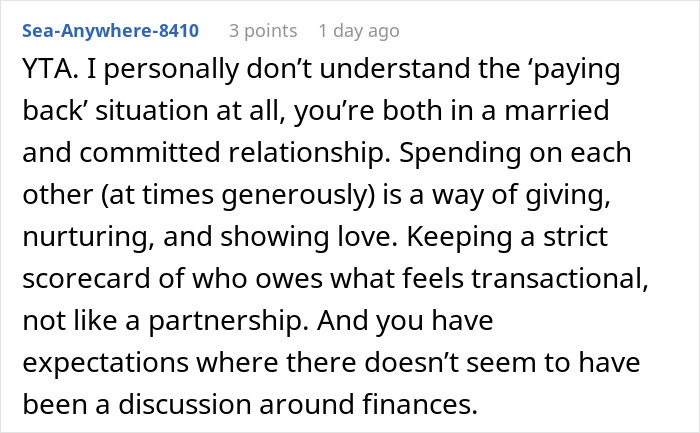Screenshot of a Reddit comment discussing husband tells wife no money no honeymoon and financial expectations in marriage. Screenshot of a Reddit comment discussing husband tells wife no money no honeymoon and financial expectations in marriage.