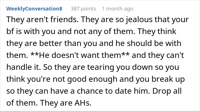 Text post from WeeklyConversation8 explaining friends' jealousy over woman’s model boyfriend being out of her league. Text post from WeeklyConversation8 explaining friends' jealousy over woman’s model boyfriend being out of her league.