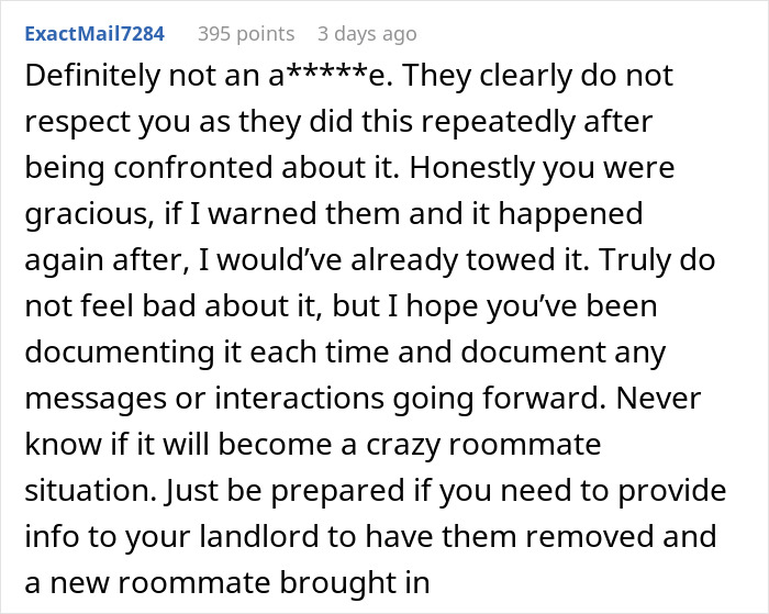 Comment about woman getting revenge on roommate’s boyfriend who stealed parking spot and had car towed overnight. Comment about woman getting revenge on roommate’s boyfriend who stealed parking spot and had car towed overnight.