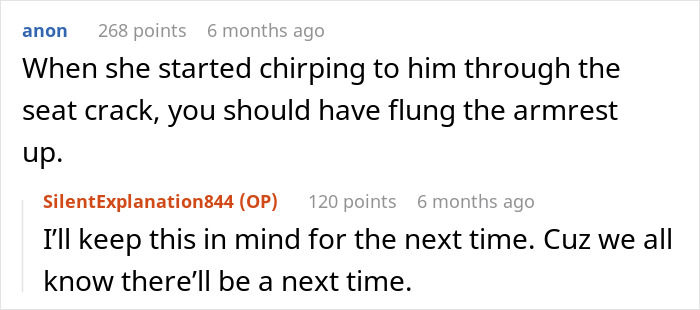 Screenshot of an online discussion about a woman refusing to give up her plane seat and enjoying a guilt-free nap. Screenshot of an online discussion about a woman refusing to give up her plane seat and enjoying a guilt-free nap.