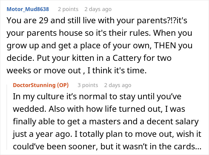 Reddit conversation about parents trying to get rid of daughter’s cat while pregnant sister visits, causing family conflict. Reddit conversation about parents trying to get rid of daughter’s cat while pregnant sister visits, causing family conflict.