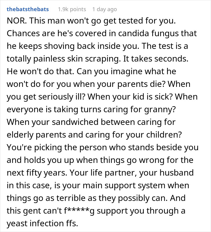 Text post discussing boyfriend refusing infection testing, highlighting partner’s concern over susceptibility to infections and marriage doubts. Text post discussing boyfriend refusing infection testing, highlighting partner’s concern over susceptibility to infections and marriage doubts.