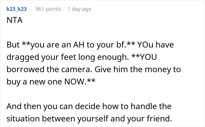 Comment on a post about a man catching a friend stealing his boyfriend’s camera and confronting her. Comment on a post about a man catching a friend stealing his boyfriend’s camera and confronting her.