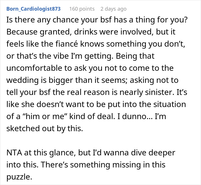 Text comment discussing suspicion about a groom kissing best friend at bachelor party causing bride to ban him from wedding. Text comment discussing suspicion about a groom kissing best friend at bachelor party causing bride to ban him from wedding.