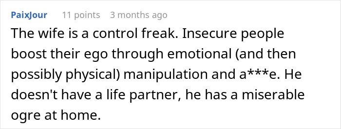 Screenshot of a Reddit comment describing a married coworker's wife as controlling and emotionally manipulative, sparking divorce fears.